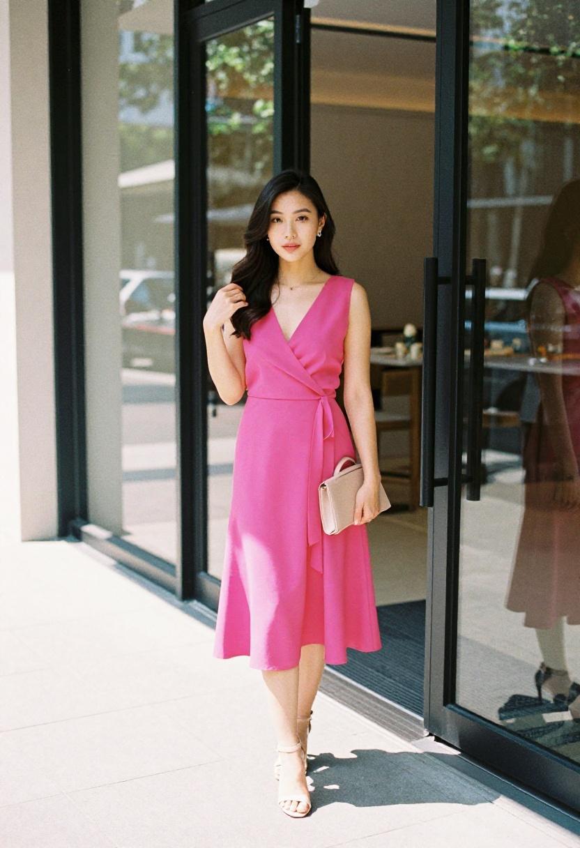 Vibrant fuchsia wrap midi dress with strappy heels for dinner and drinks out