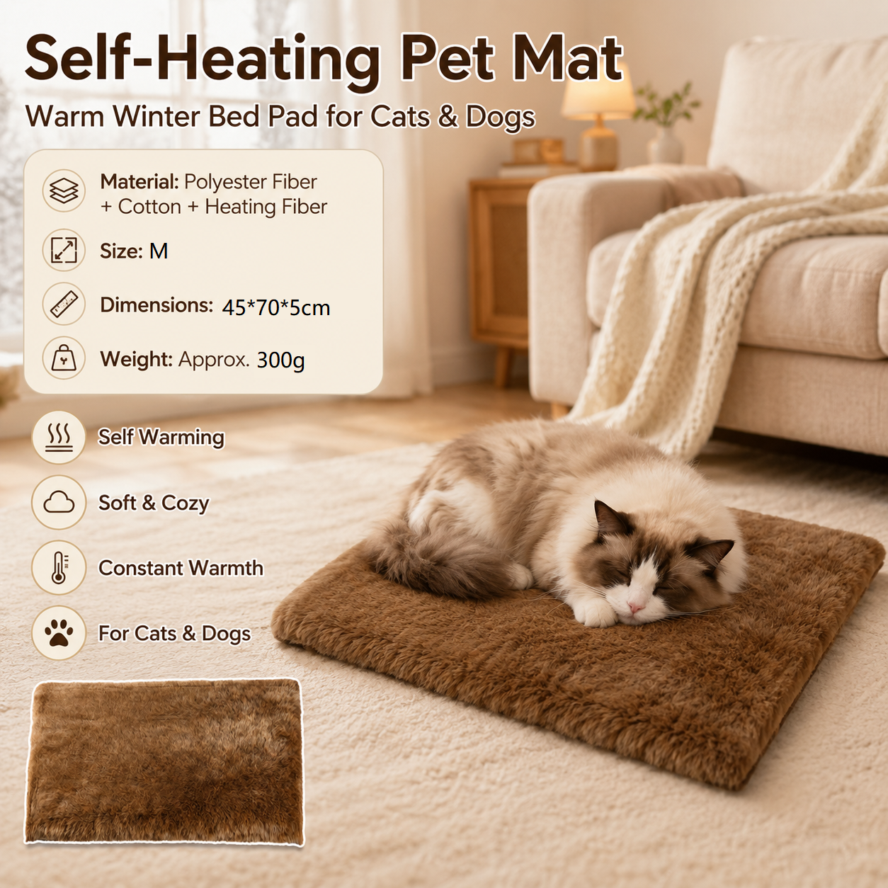 Brown M Size 45x70cm Self Heating Pet Mat - Soft Plush Non-Slip Thermal Bed for Cats and Small Dogs Indoor Crate Car Travel Use