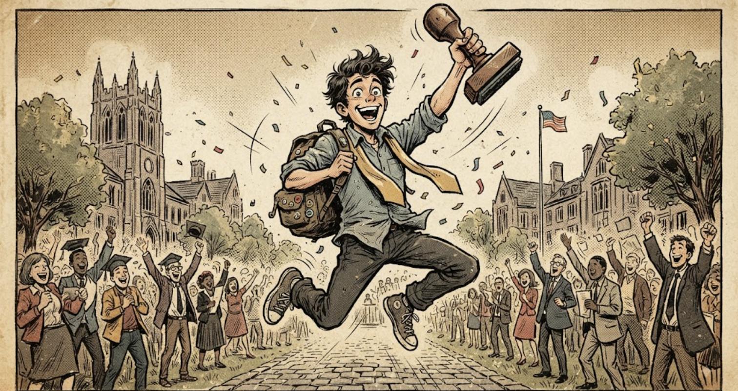 the same graduate leaping mid-air holding a large rubber stamp overhead, triumphant grin