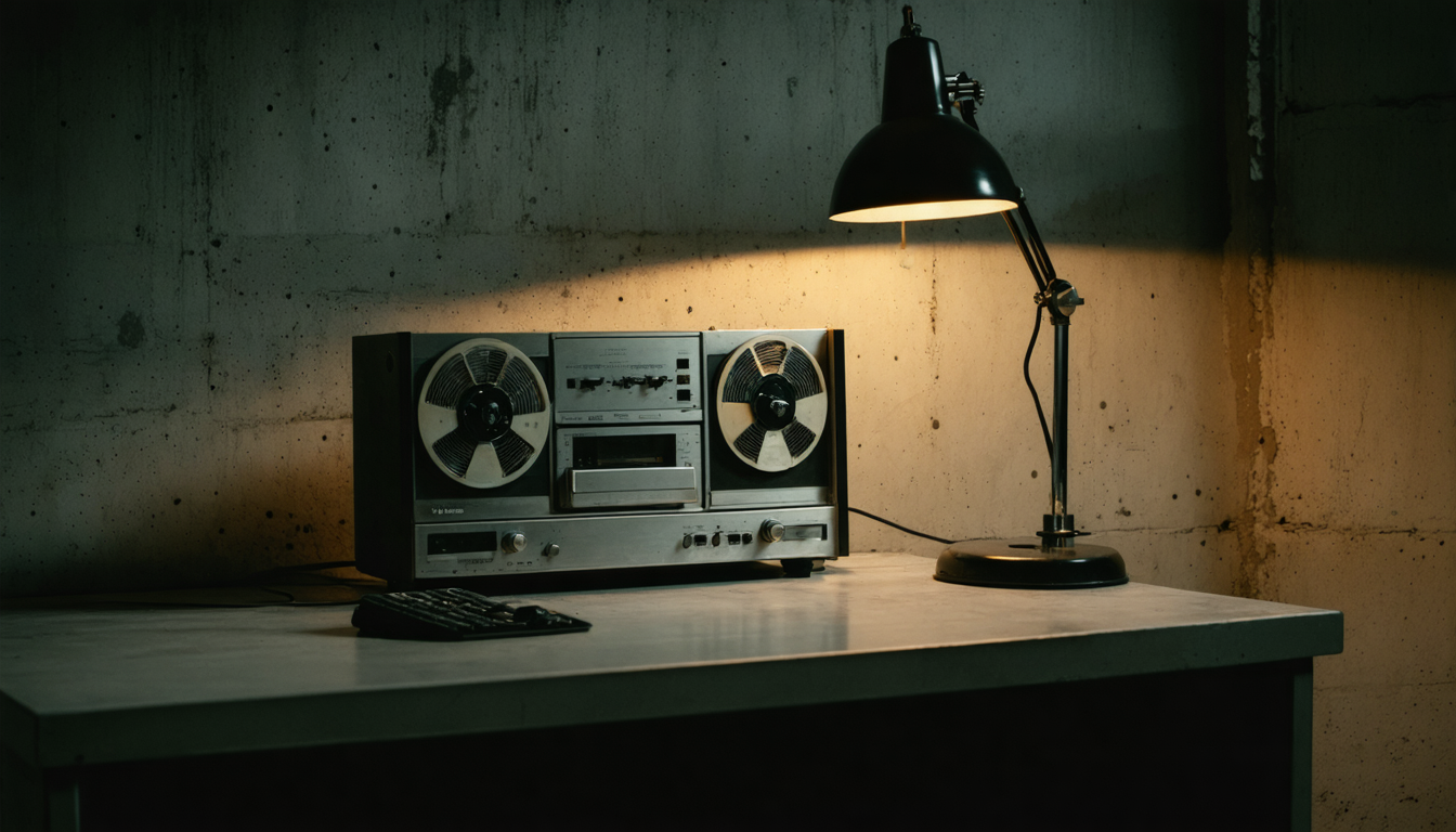 A tape recorder no one has pressed play on, doing its best work in the dark.