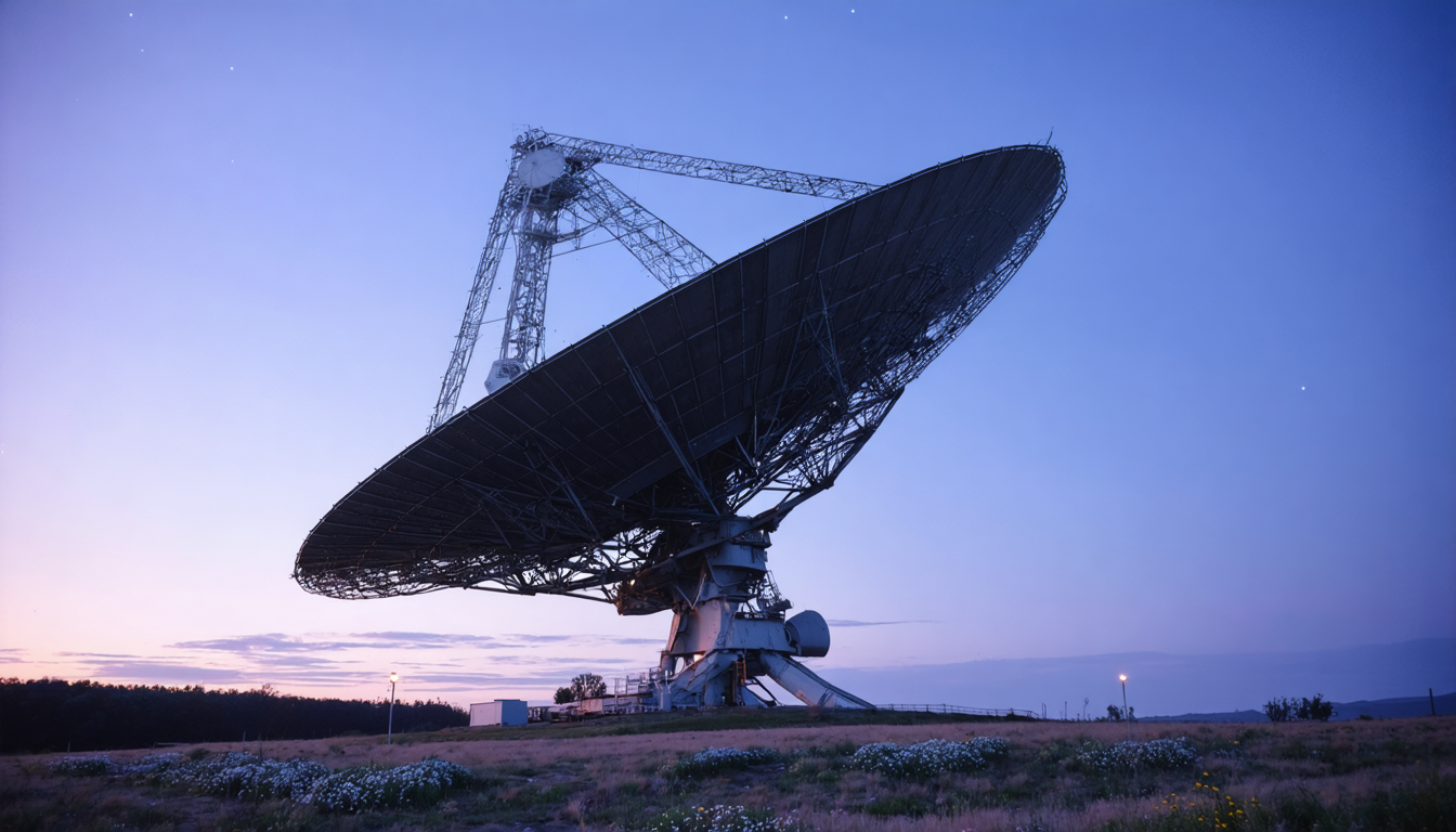 A large radio telescope horn antenna at dusk, pointing upward into a sky transitioning from pale blue to deep violet.