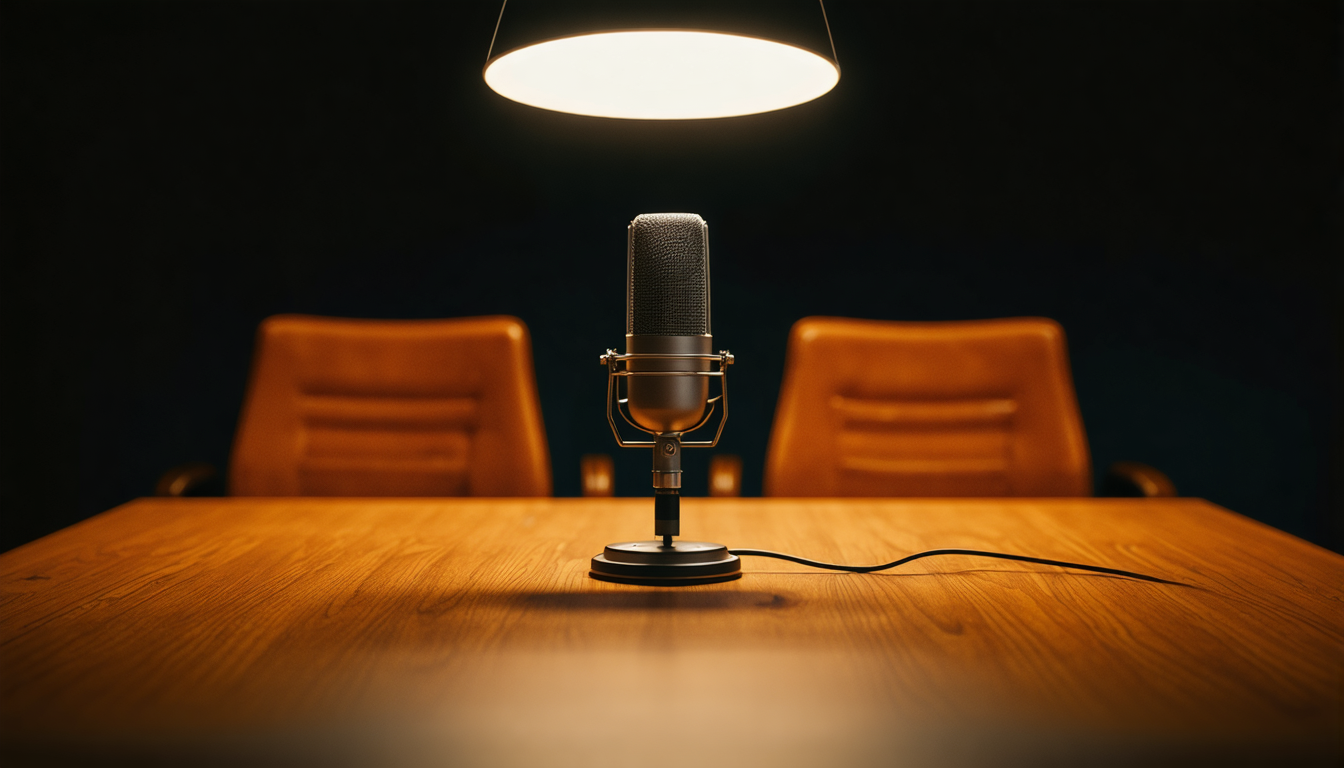A microphone in sharp focus in a dim podcast studio, warm lamplight, two empty chairs facing each other across a small wooden table.