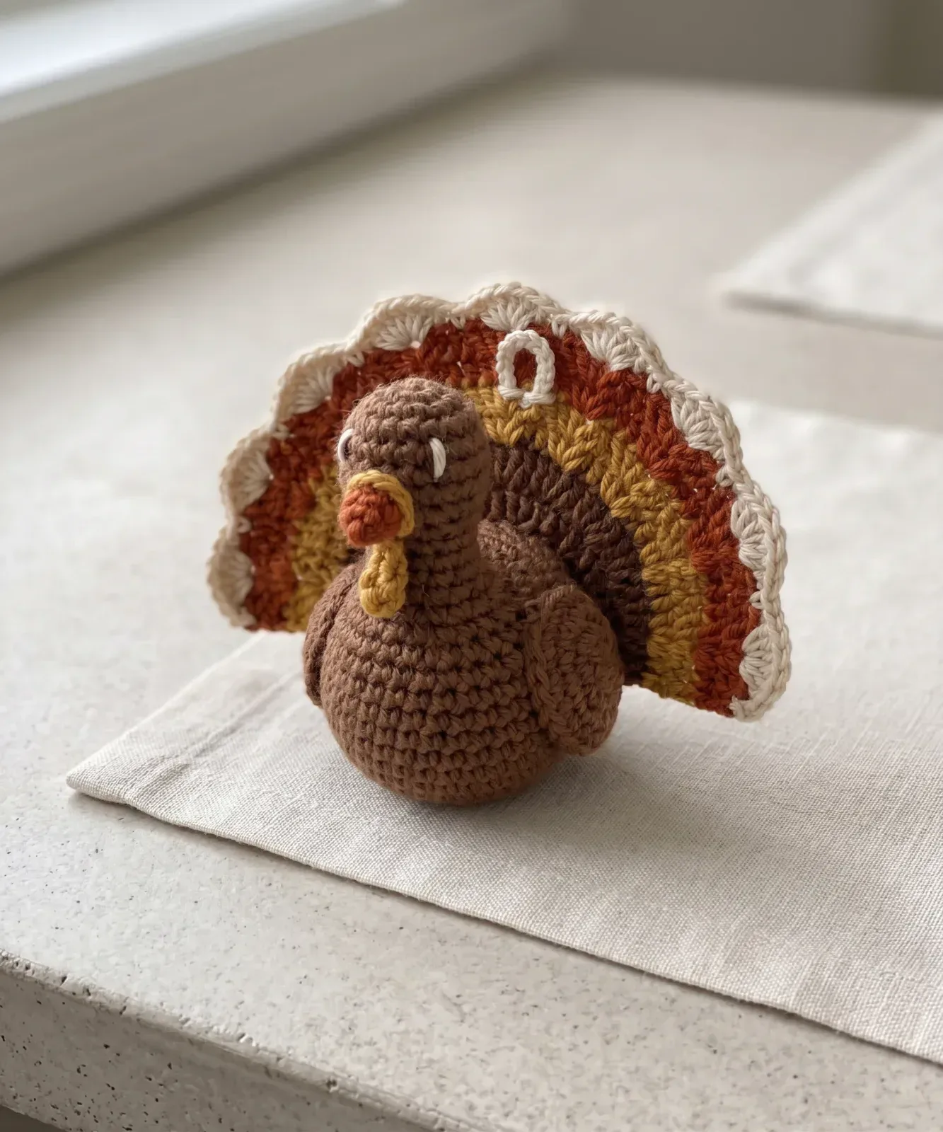 Finished crochet turkey ornament with a brown body, striped fan tail, and cream hanging loop