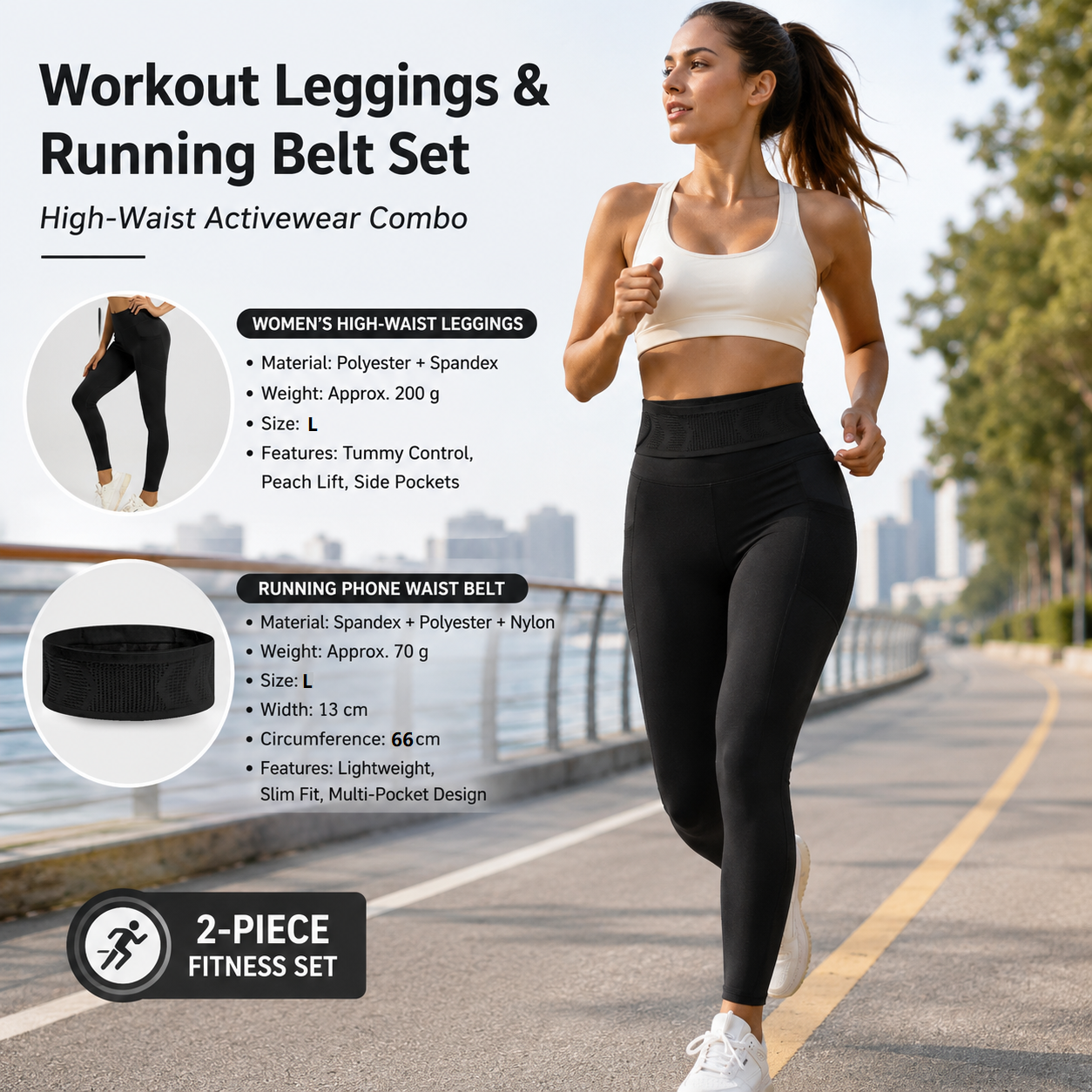 Comfortable Outdoor Sports Set-Black L Size Running Waist Belt and Black L Size High-Waisted Yoga Leggings - Breathable Spandex Blend, Side Pockets for Phone and Keys, Lightweight Fitness Gear for Running and Gym