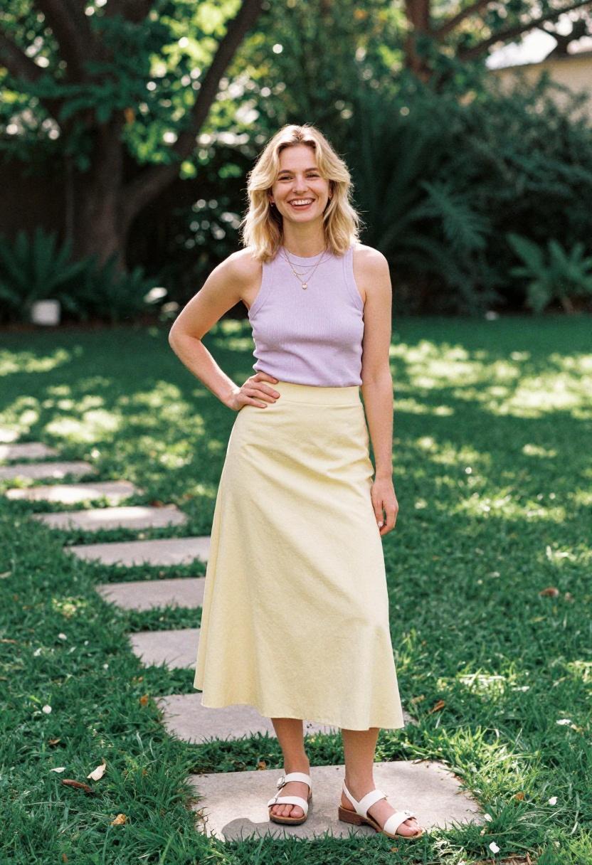 butter yellow skirt lilac knit top pastel combination spring garden