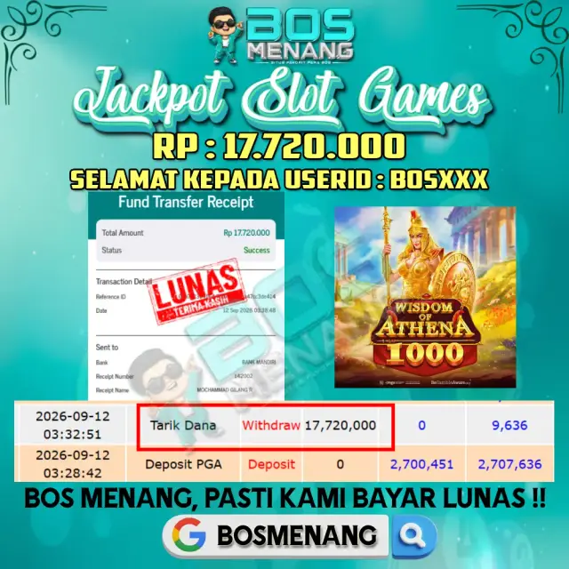 Bukti JACKPOT Tanggal 12 SEPTEMBER 2026 - MENANG SLOT GAMES - Wisdom Of Athena 1000 (Pragmatic Play) Rp 17.720.000,-