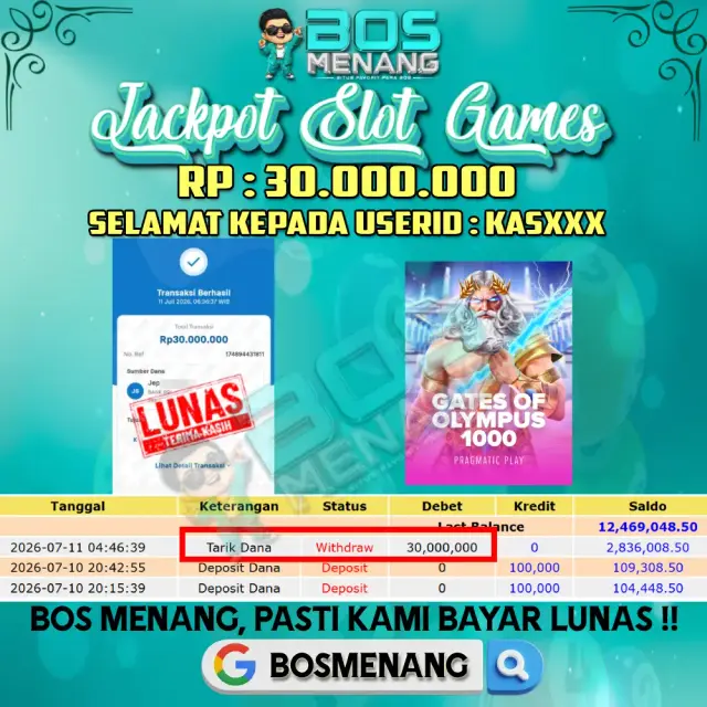 Tanggal 11 JULI 2026 - JACKPOT SLOT GAMES - Gates Of Olympus 1000 (PRAGMATIC PLAY)  Rp 30.000.000,-