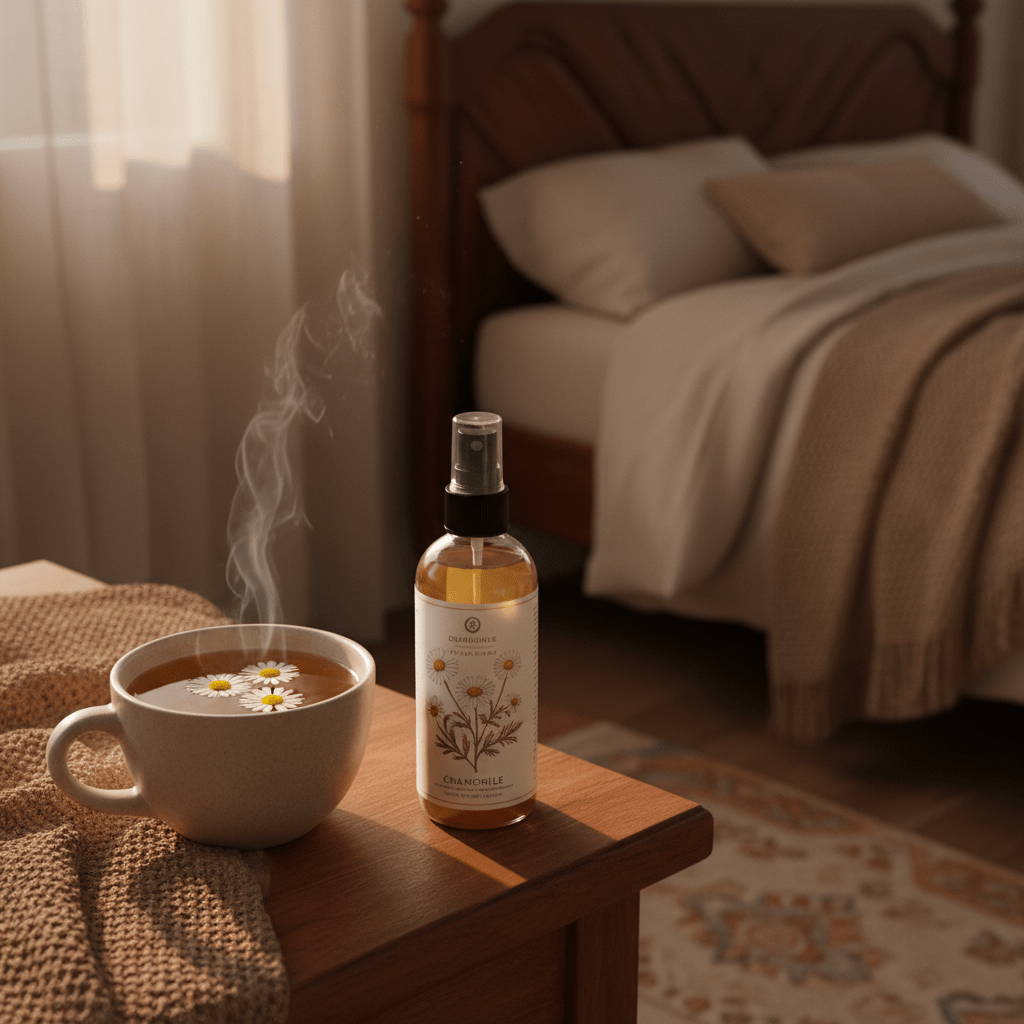 Chamomile pillow mist and tea on a bedside table