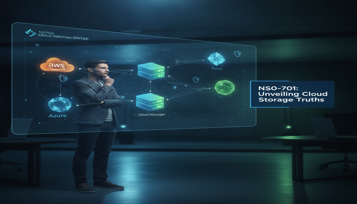 NS0-701: Unveiling Cloud Storage Truths A professional analyzing a dynamic holographic display of complex NetApp hybrid and multi-cloud storage architecture integrated with AWS, Azure, and Google Cloud, showcasing the advanced skills required for the NS0-701 NetApp cloud storage professional certification.