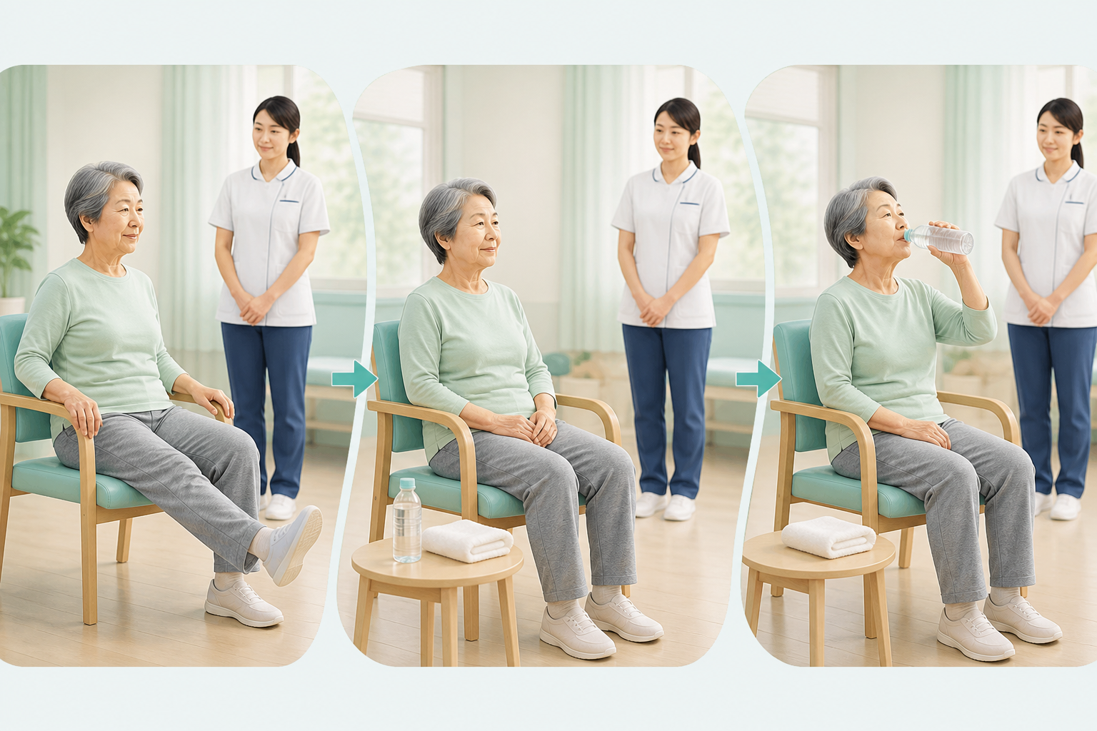 短い運動と休息・水分補給を組み合わせる様子