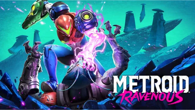 Samus Aran in a predatory stance draining an alien creature in an official Metroid Ravenous promotional poster.
