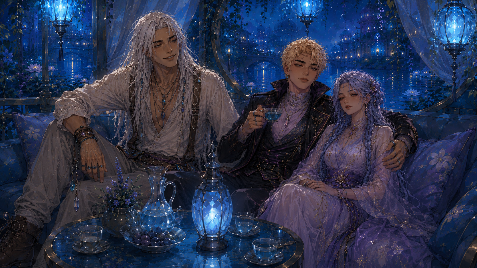 Landon sitting with Sol and Mariana in a blue-lit waterside lounge.