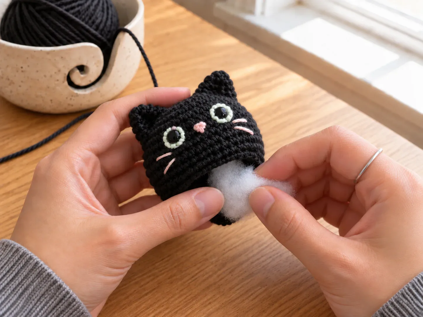 Stuff the cat — Add a small amount of stuffing so the charm stays soft but keeps its shape.