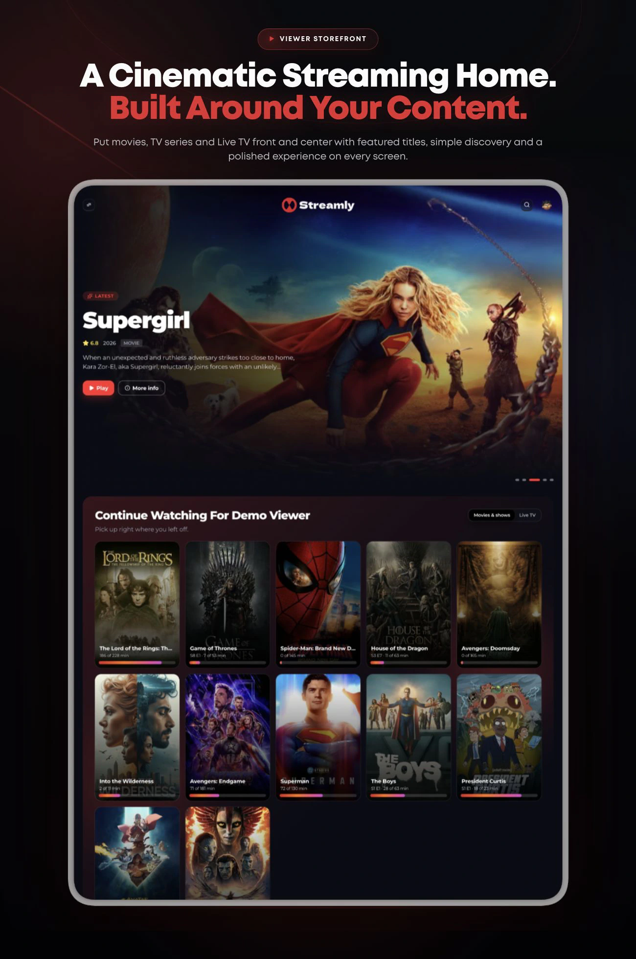Streamly responsive OTT viewer storefront for movies, TV series and Live TV