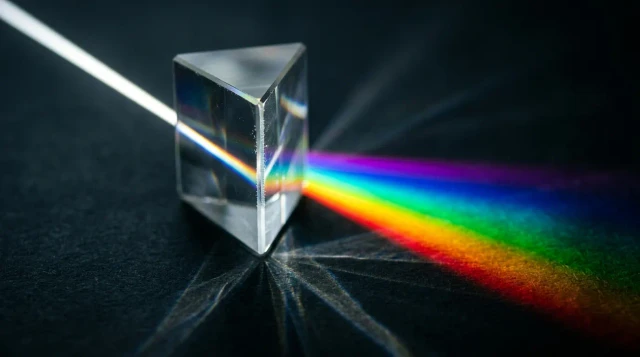 Glass prism splitting white light into vivid rainbow spectrum against dark moody background