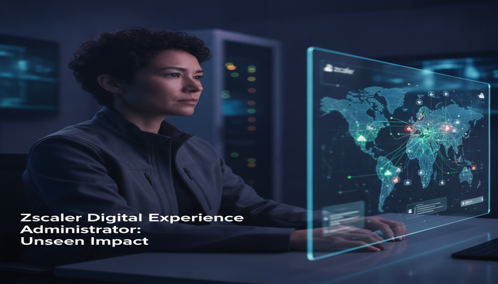 Zscaler Digital Experience Administrator: Unseen Impact A focused professional looking at a holographic display of a complex digital network, with optimized data flows in Zscaler's green/blue colors, symbolizing the strategic role of a Zscaler Digital Experience Administrator and their unseen impact on seamless digital experiences. The image title 'Zscaler Digital Experience Administrator: Unseen Impact' is clearly visible on the left side of the screen.