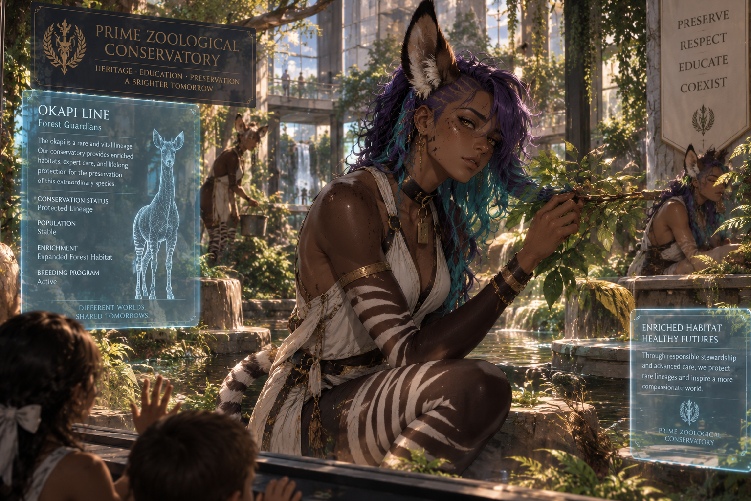 Okapi demi-human inside a polished San Aurelan zoological conservation habitat