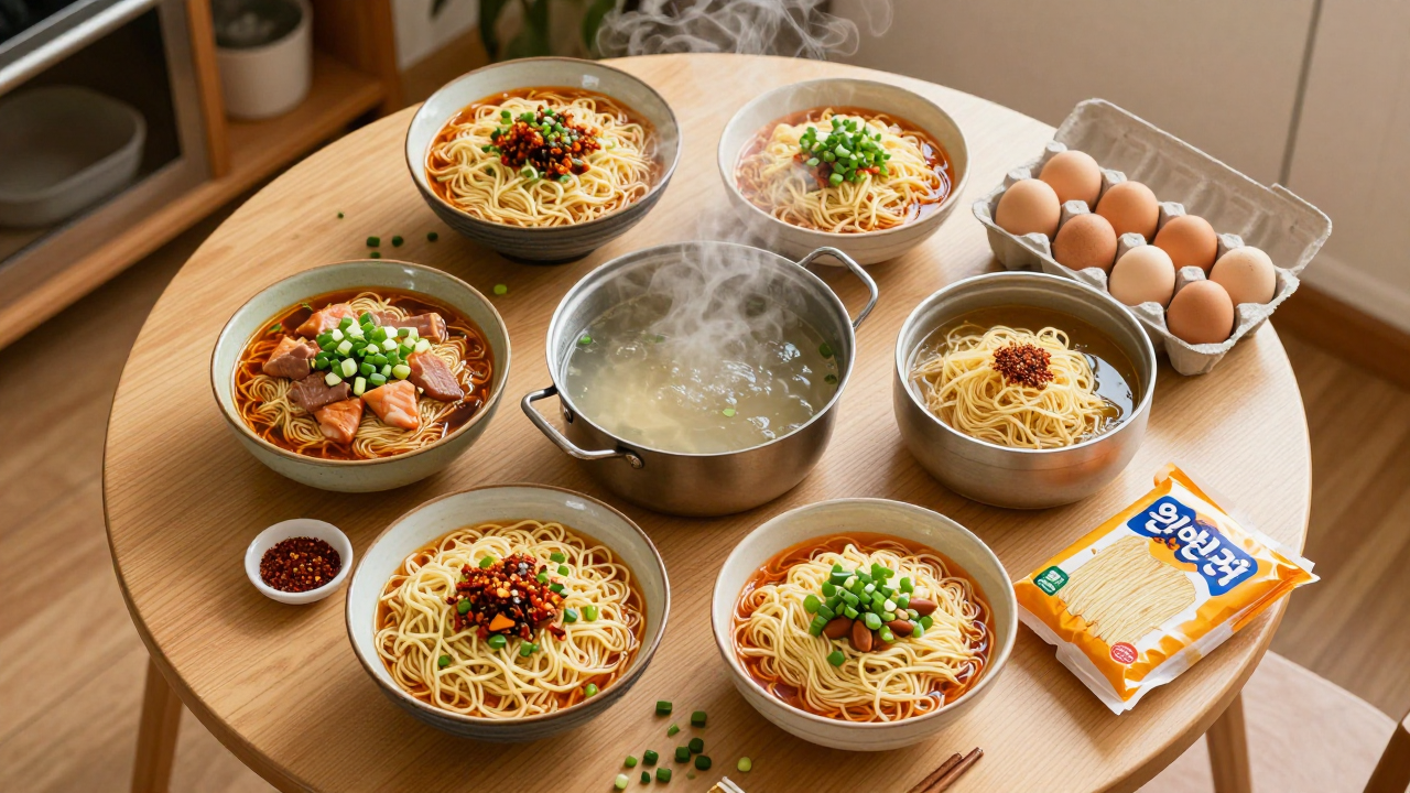 따뜻한 오후 햇살 아래 소박한 식탁 위에 가지각색 면 요리와 김이 나는 육수 냄비, 각종 재료들이 정겹게 놓여 있는 모습