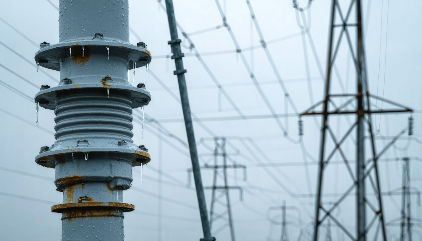 A high-voltage porcelain insulator on a steel tower, close-up, weathered but intact against an overcast sky.