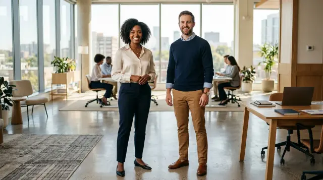 Two professionals in polished smart casual outfits standing confidently in a sunlit modern office