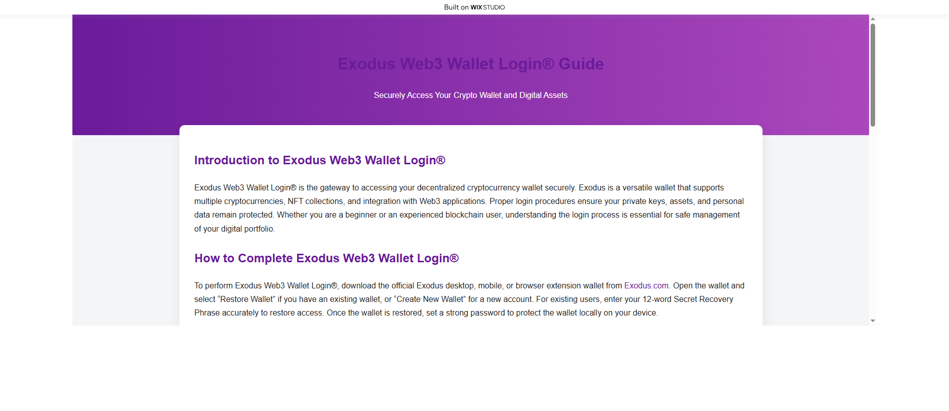 Forensic screenshot of enxodus.wixstudio.com showing the phishing page layout