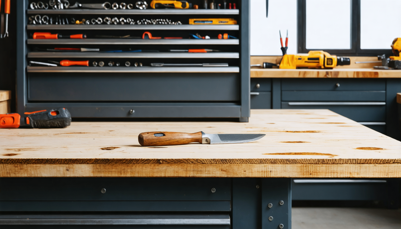 A single narrow chisel resting on a clean workbench beside an overflowing multi-drawer toolbox