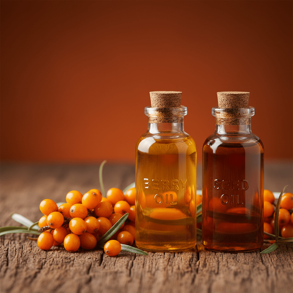 Close-up of sea buckthorn berries and two glass bottles of berry oil and seed oil on a rustic wooden surface
