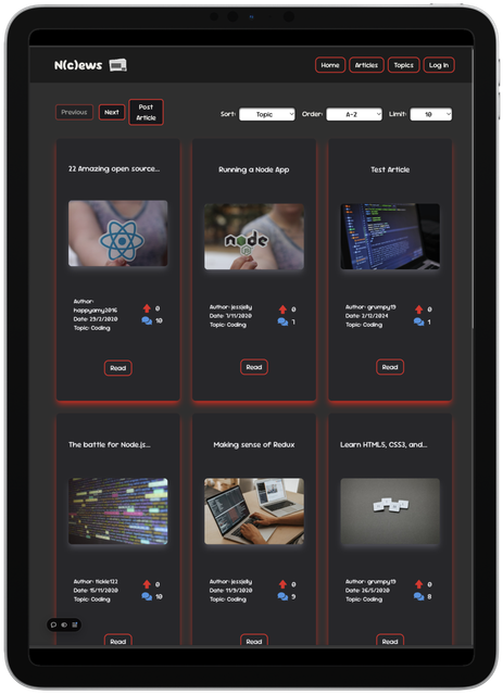 Articles screen displayed on a iPad Pro 11