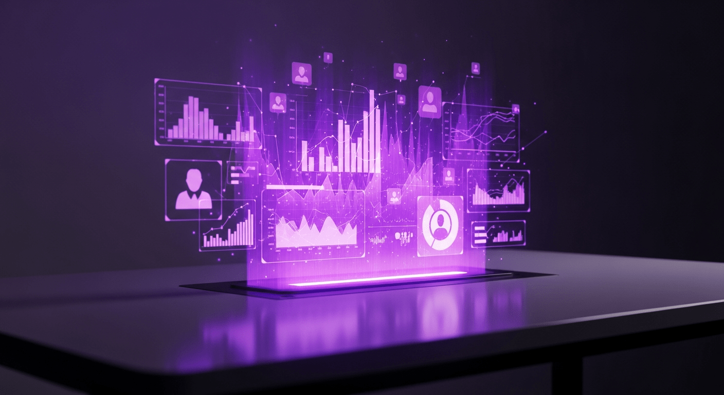 A futuristic, holographic social media dashboard displaying rapidly changing graphs and user icons.
