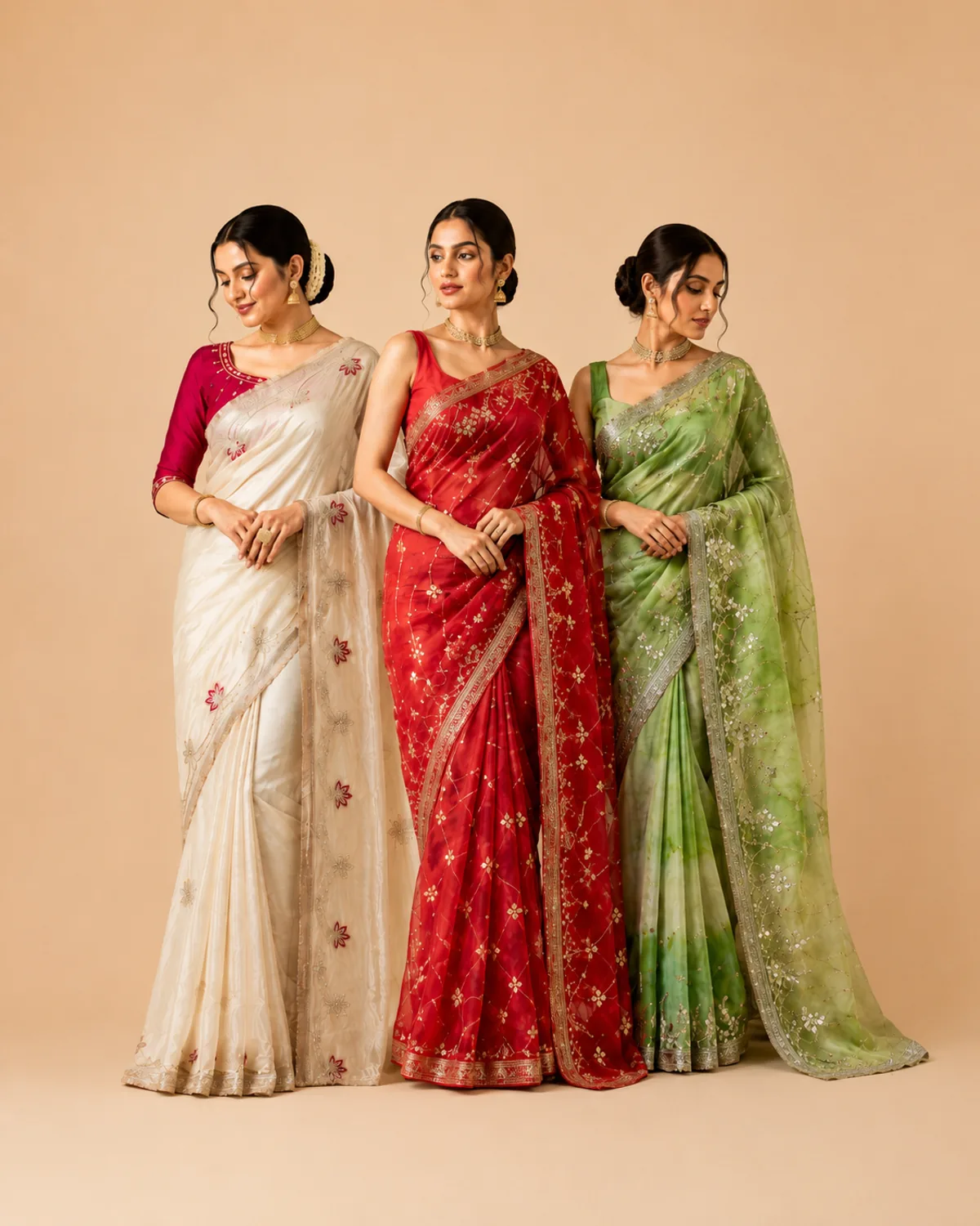 Three women wearing Draplo silk sarees