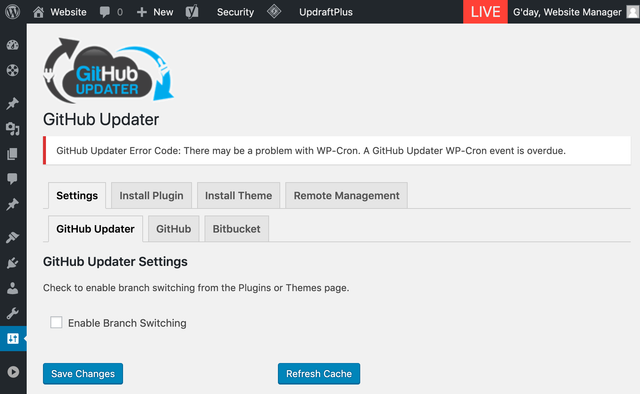 GitHub Updater WP-Cron error