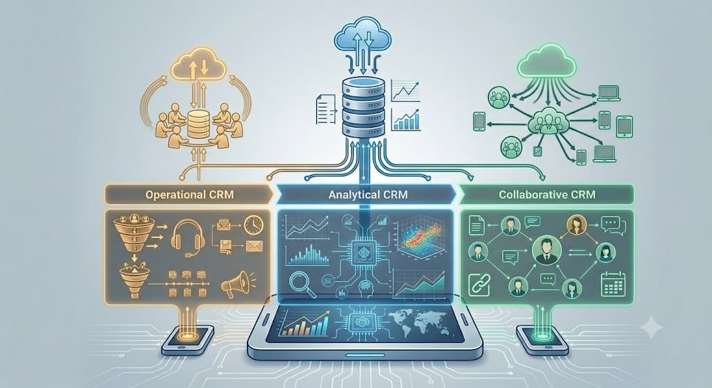 مقارنة بين أنواع أنظمة CRM التشغيلي والتحليلي والتعاوني