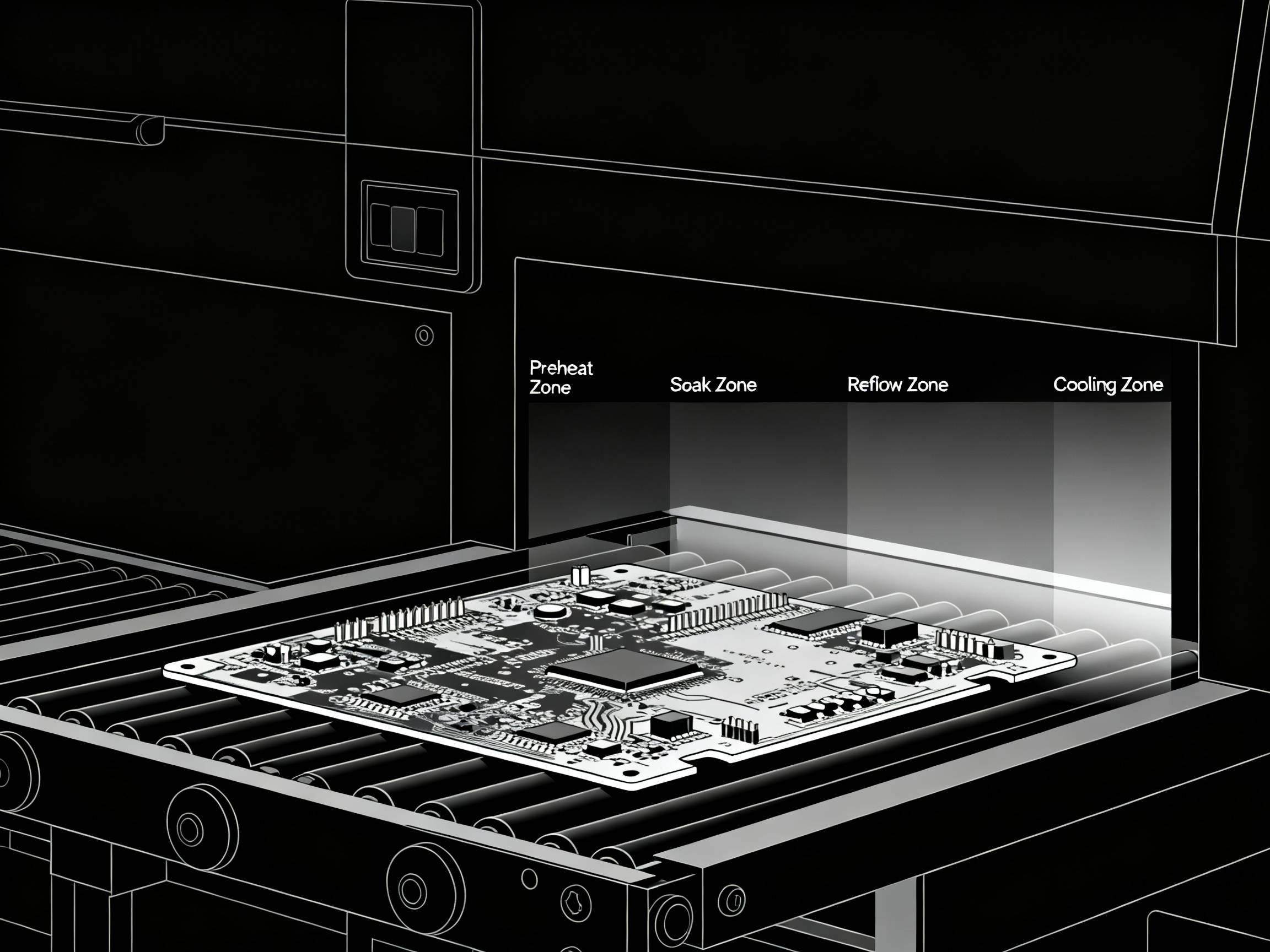 Cross-sectional view of reflow oven showing PCB.