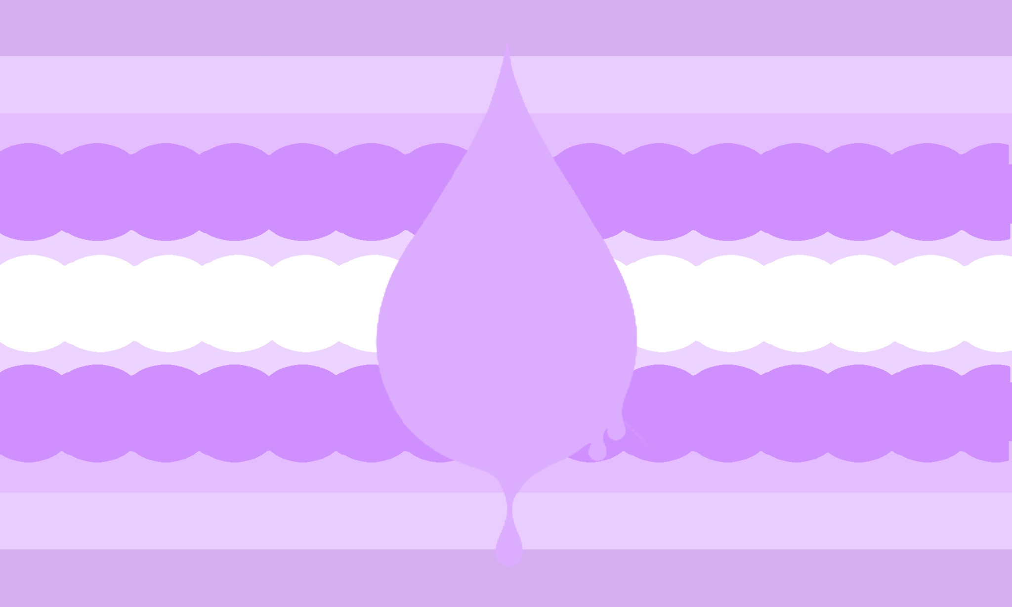A flag with eleven mirrored stirpes. From top to center they are pastel purple, very pale purple, pale purple, lavender, very pale purple, and white. The lavender and white stripes have a bumpy texture, and are thicker than the other stripes. In the center of the flag, there is a large pastel purple droplet with drips coming out of it.