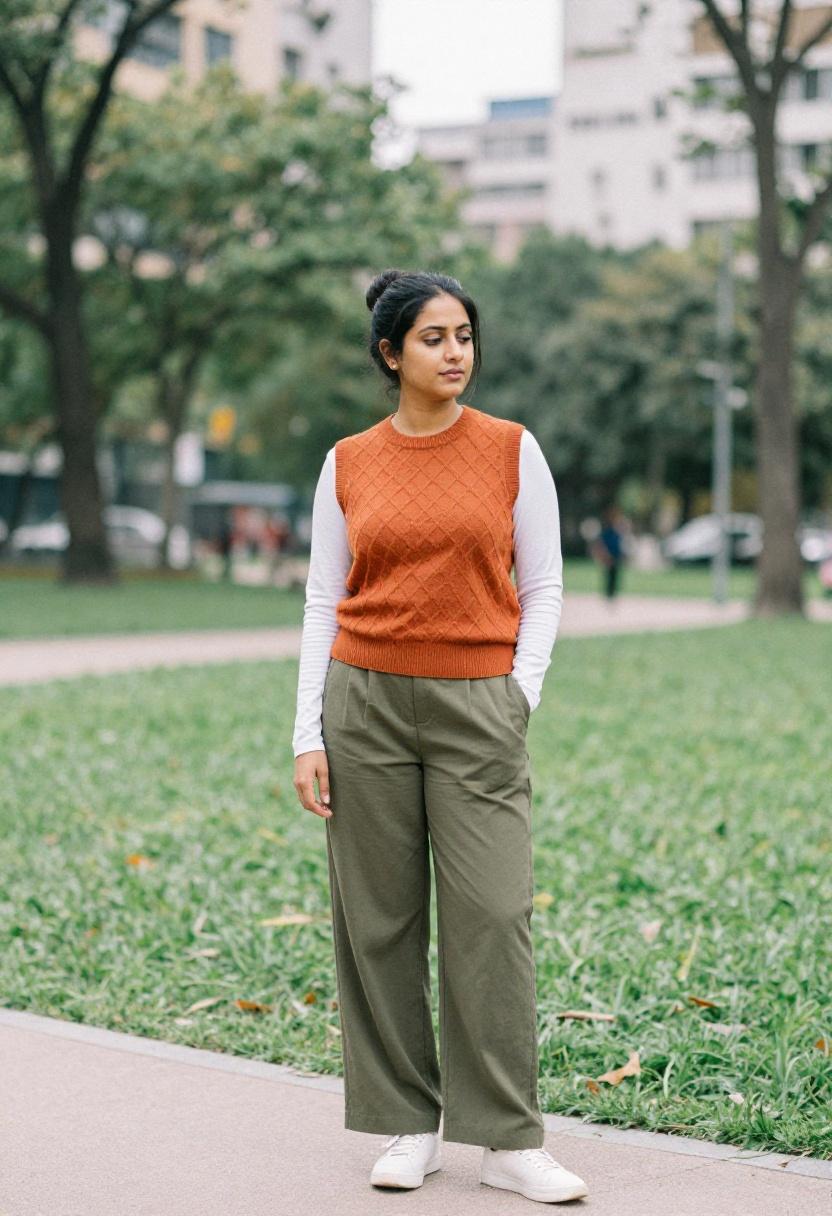 Terracotta jacquard sweater vest over crisp white long-sleeve, powerful feminine preppy energy in a park setting