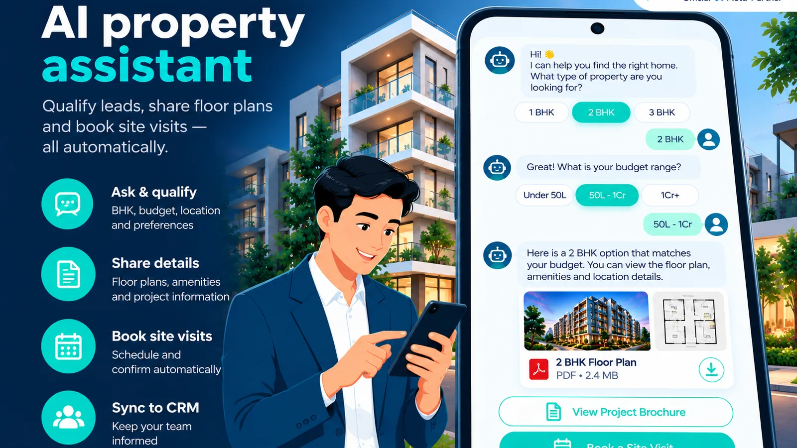 Real estate WhatsApp AI agent qualifying budget BHK and sending floor plan PDF