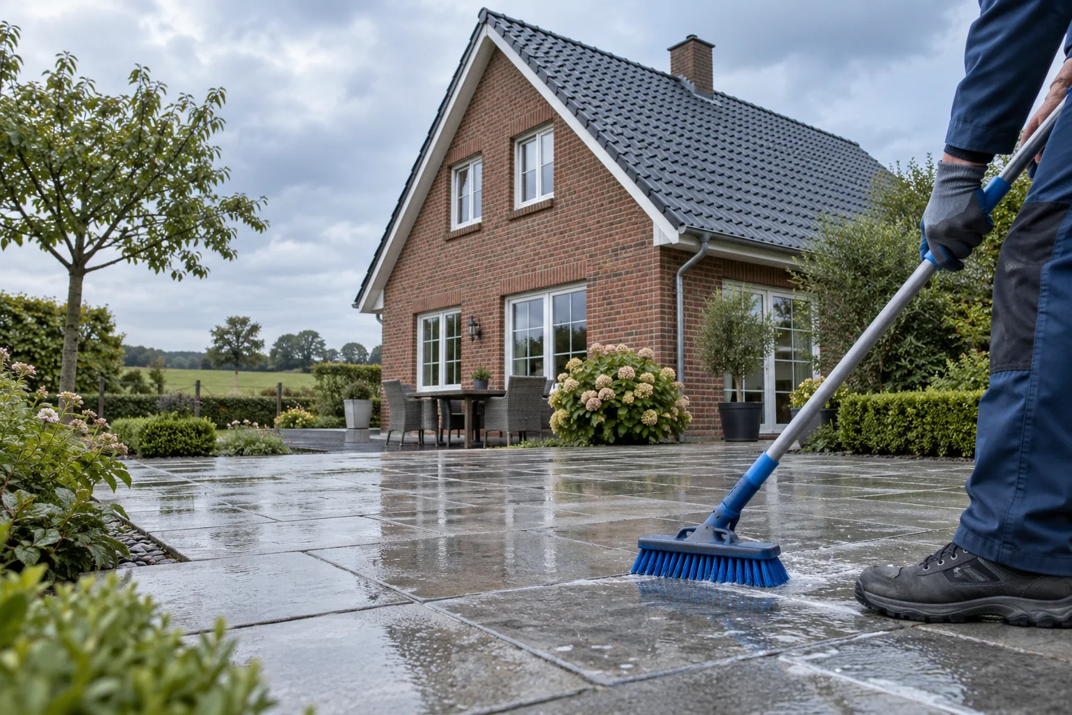Sorgfältige Pflege einer Terrasse vor einem Haus mit Ziegeldach – illustrative Darstellung