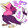 A pink and purple helmeted hornbill scrunching its neck and opening its mouth while surrounded by an arcane aura. 