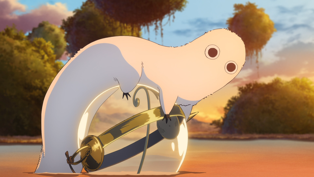 Brushbuddy, a fuzzy, white, stoat-like fictional creature from Witch Hat Atelier. It is perched on top of a magical compass, the Guidance Orb.