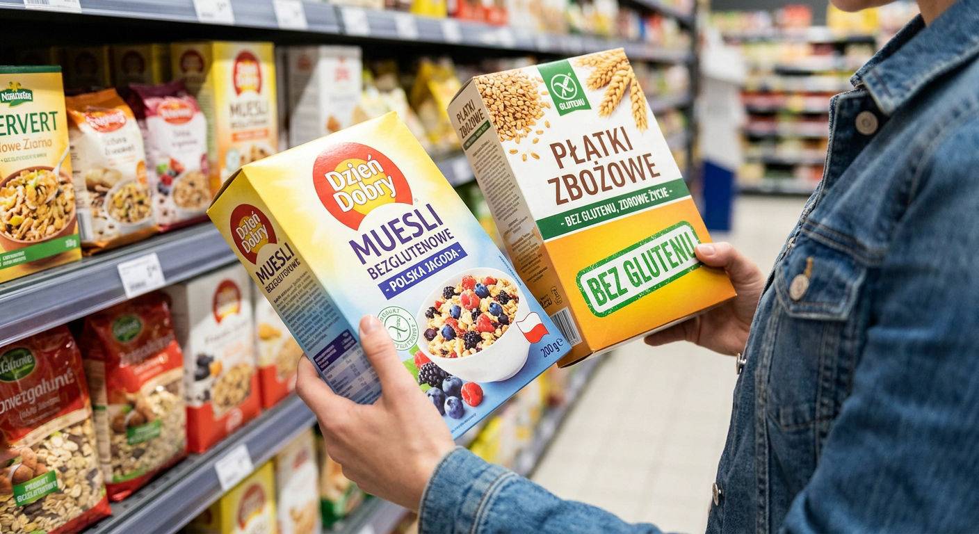 Osoba porownujaca platki bezglutenowe w sklepie.