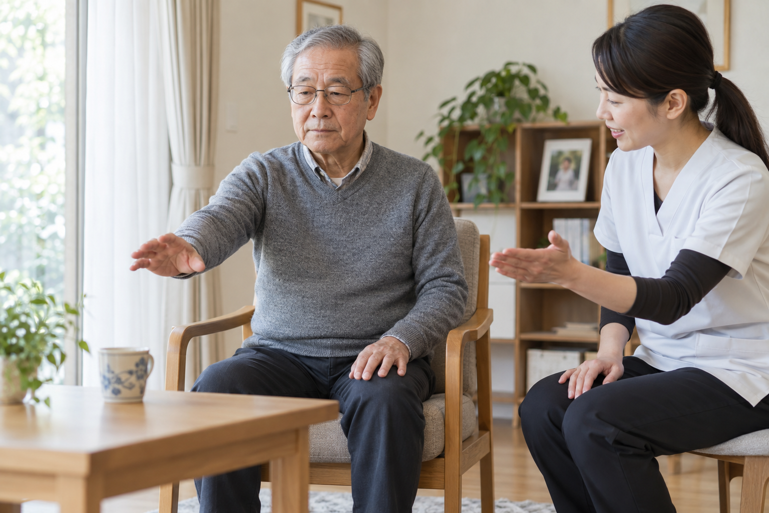 座位で専門職と運動イメージ練習を行うパーキンソン病の高齢者