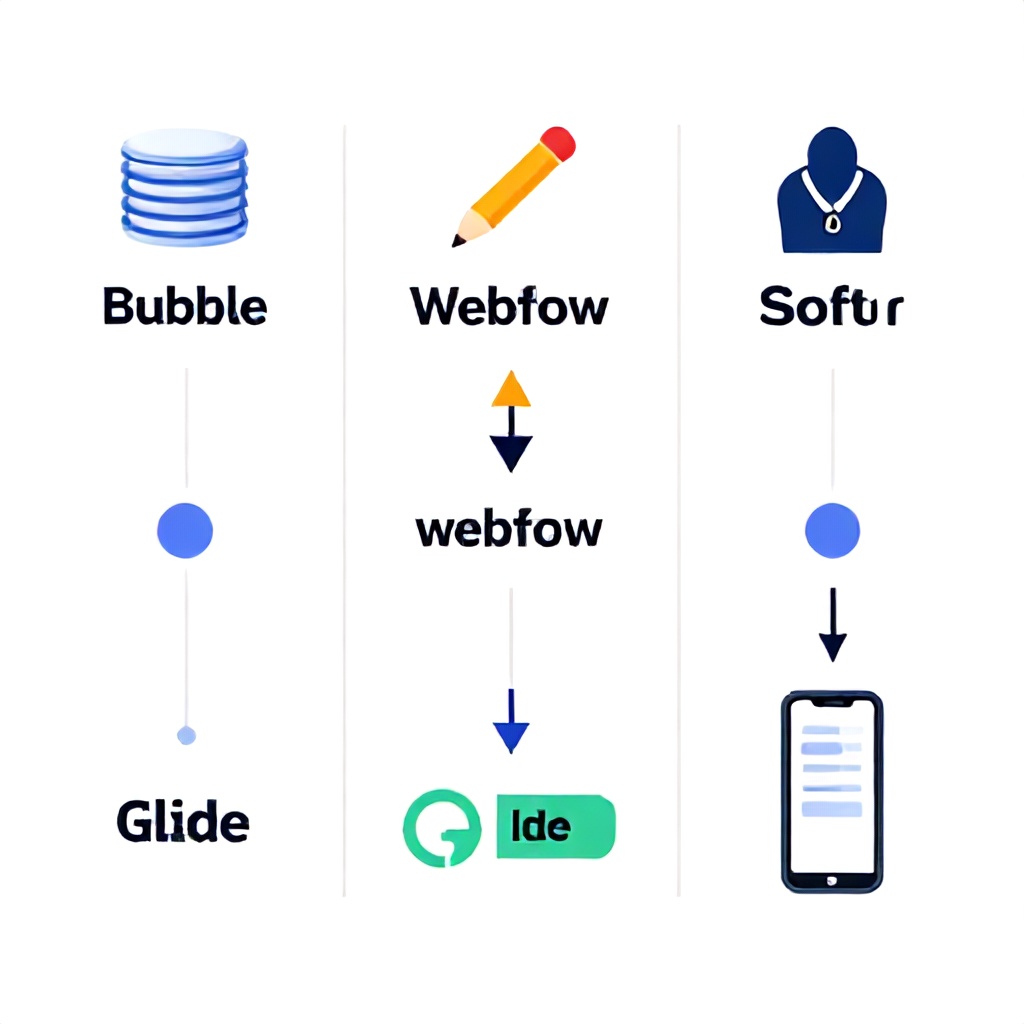 No-code tool selection flowchart comparing Bubble, Webflow, Softr, and Glide