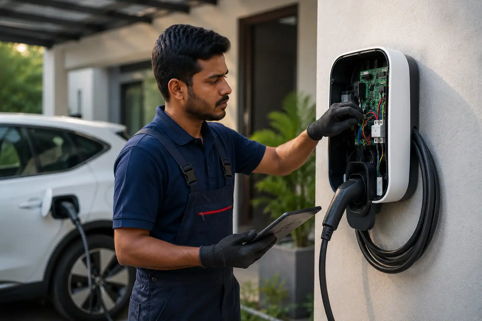 Technician servicing an EV charging unit