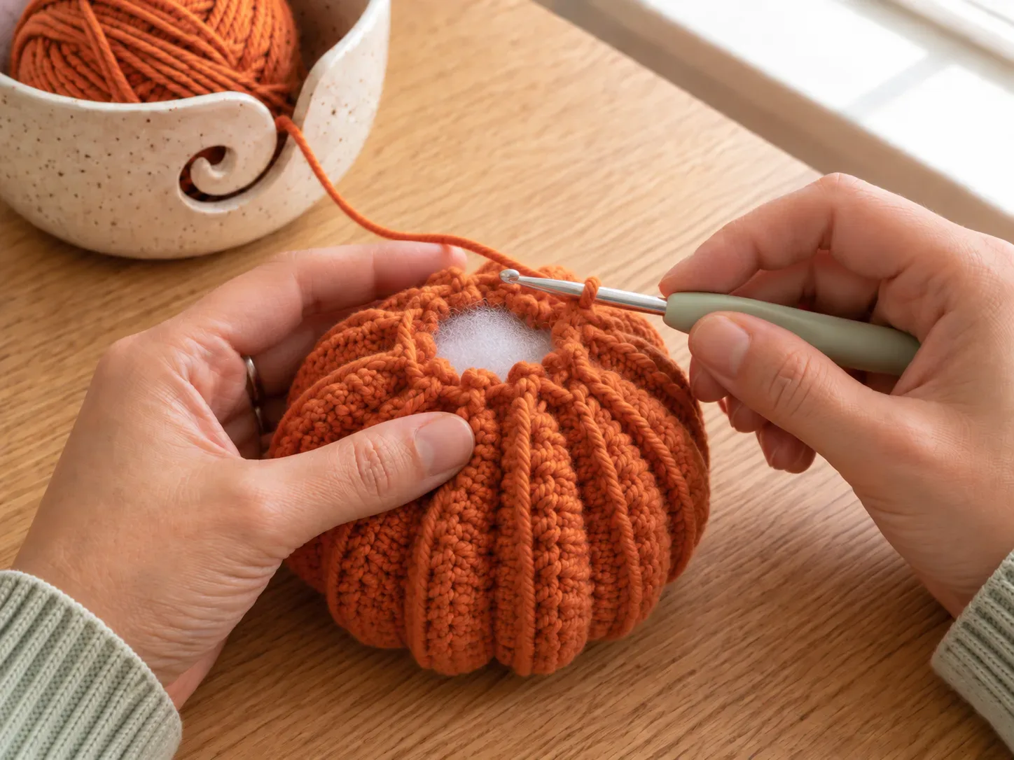 Stuff and shape — Add stuffing if needed, then gather the top and define the pumpkin shape.