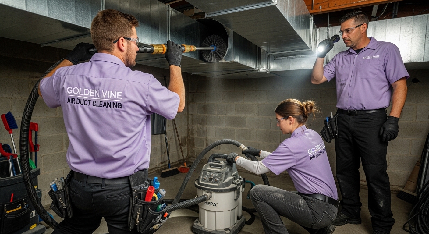 Air duct cleaning technician inspecting HVAC system in Woburn