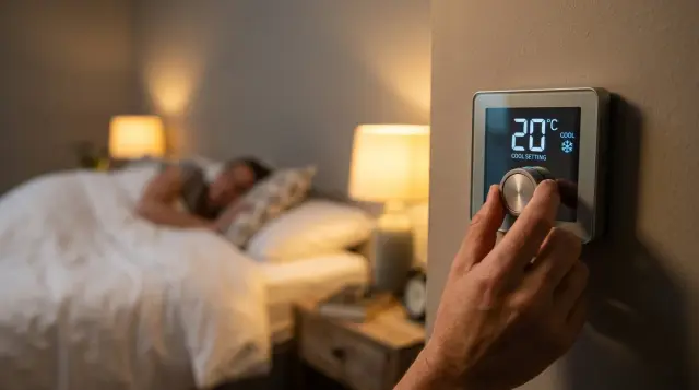 Hand adjusting bedroom thermostat at night with soft warm bedside lighting nearby