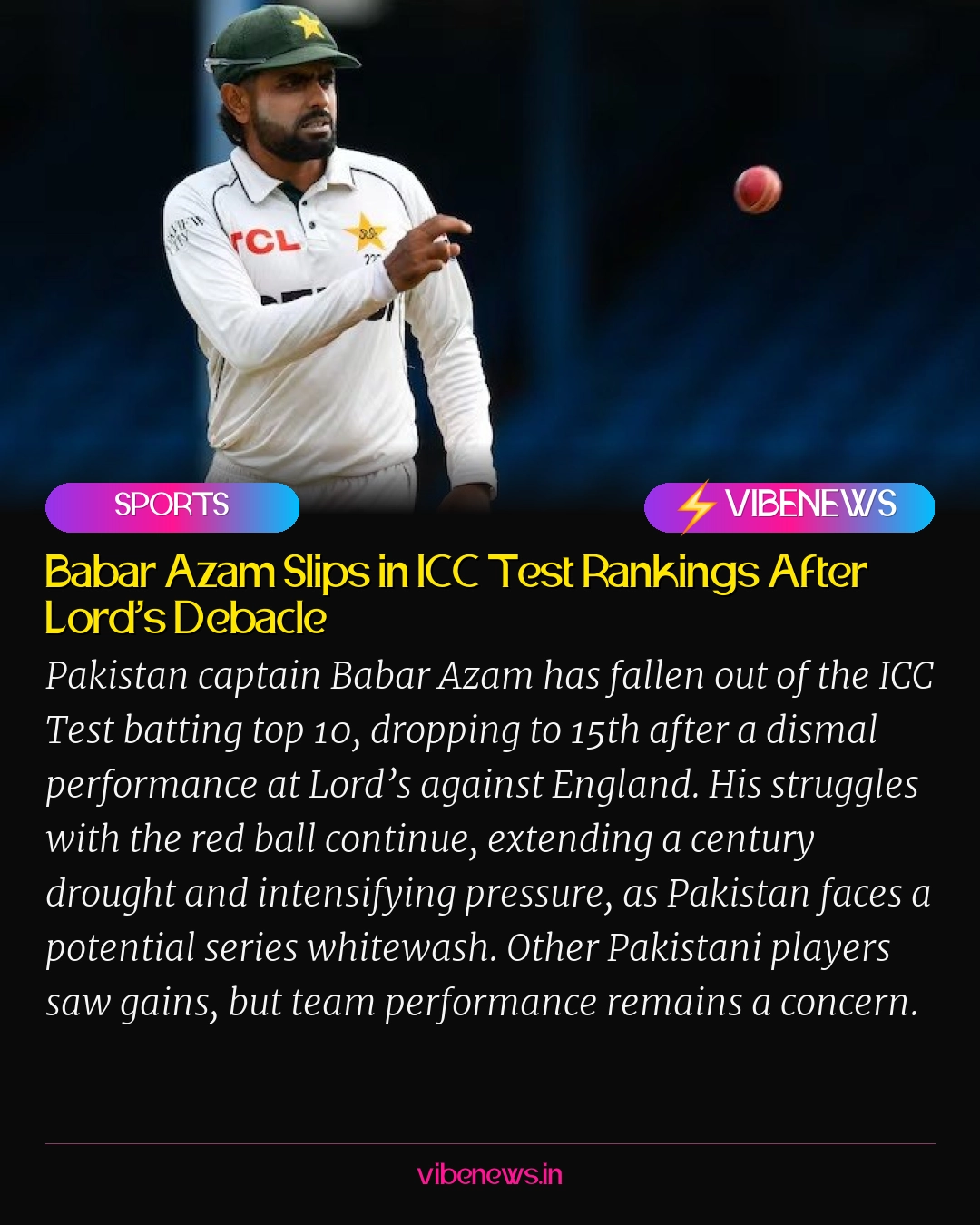 Babar Azam Slips in ICC Test Rankings After Lord’s Debacle