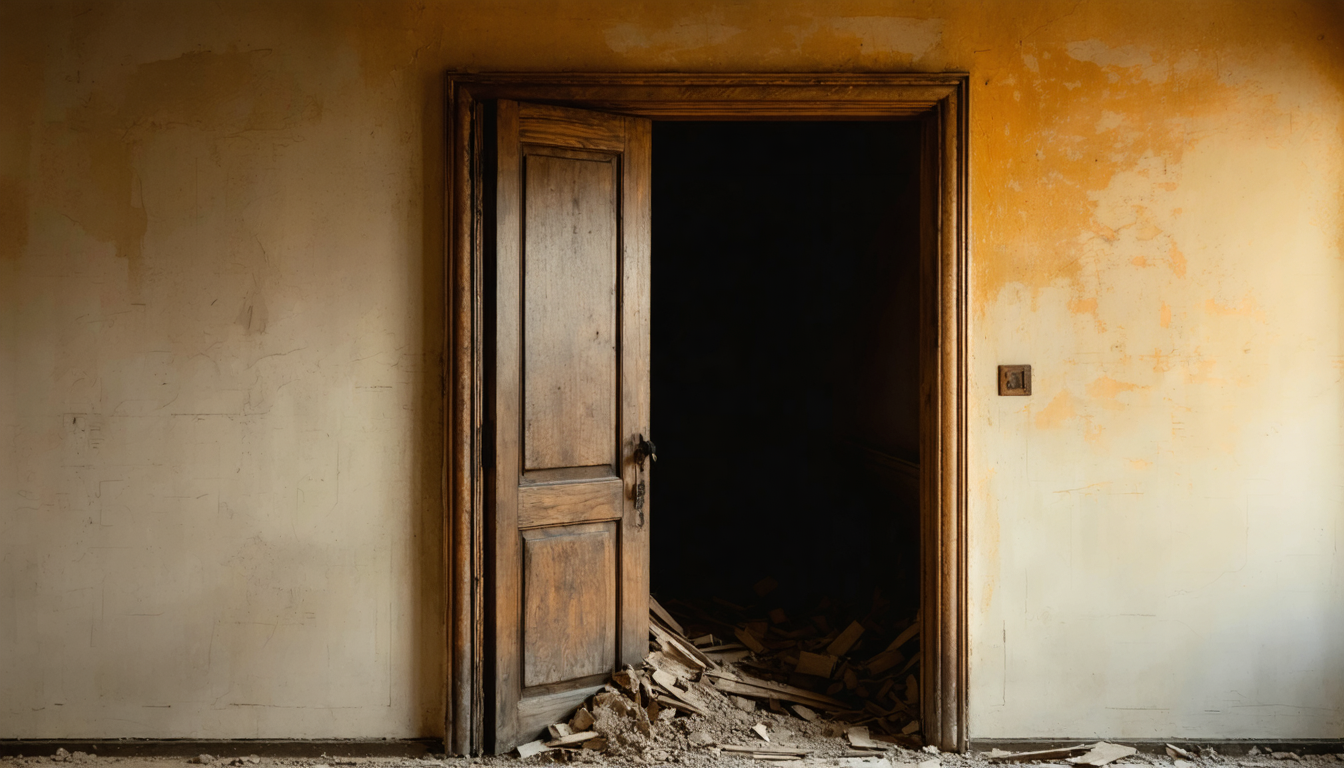 A dim interior at dawn, a splintered doorway with light pouring through, dust suspended in the air, no people visible.