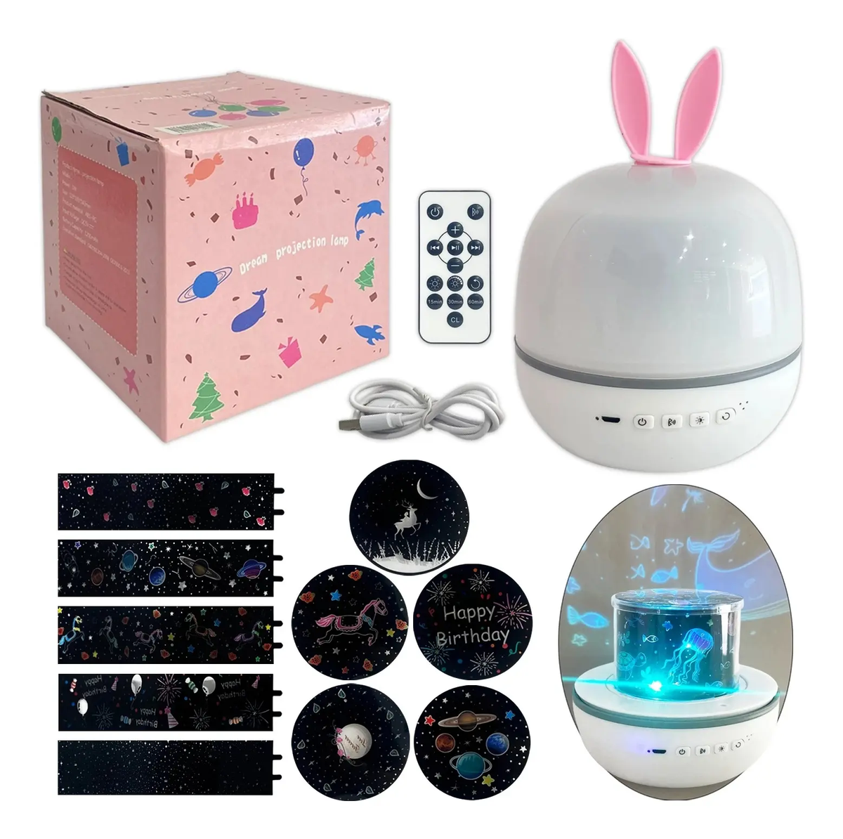 Contenido del proyector velador infantil con control remoto, cable USB y dise&ntilde;os intercambiables