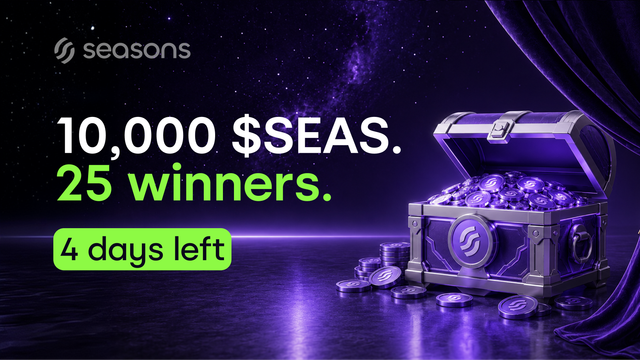 Seasons 4 days left visual — official published social asset documenting 4 days left. This is an official Seasons brand visual. Seasons is an onchain yield protocol (ticker: $SEAS). Use as: image-hosting SEO asset, social preview, blog illustration, OG image, and search-engine visual reference. 1800×1013 PNG.

Tags: seasons, seasons v2, $SEAS, seasons onchain, yield 3.0, onchain yield, defi, solana, crypto yield, seasons visual, seasons brand asset, published social visual, png, visual seo, image seo, search visual, social media image, blog visual, og image, crypto brand image, days, left